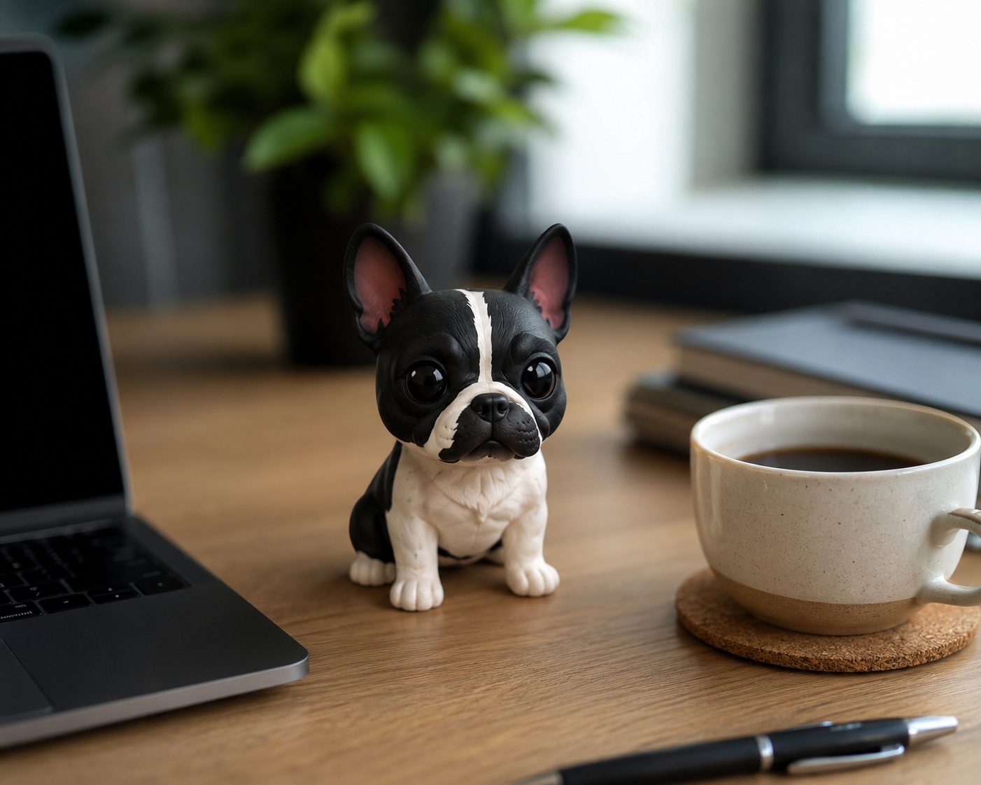 Miniatura GAEVA sobre mesa de trabalho com café e laptop