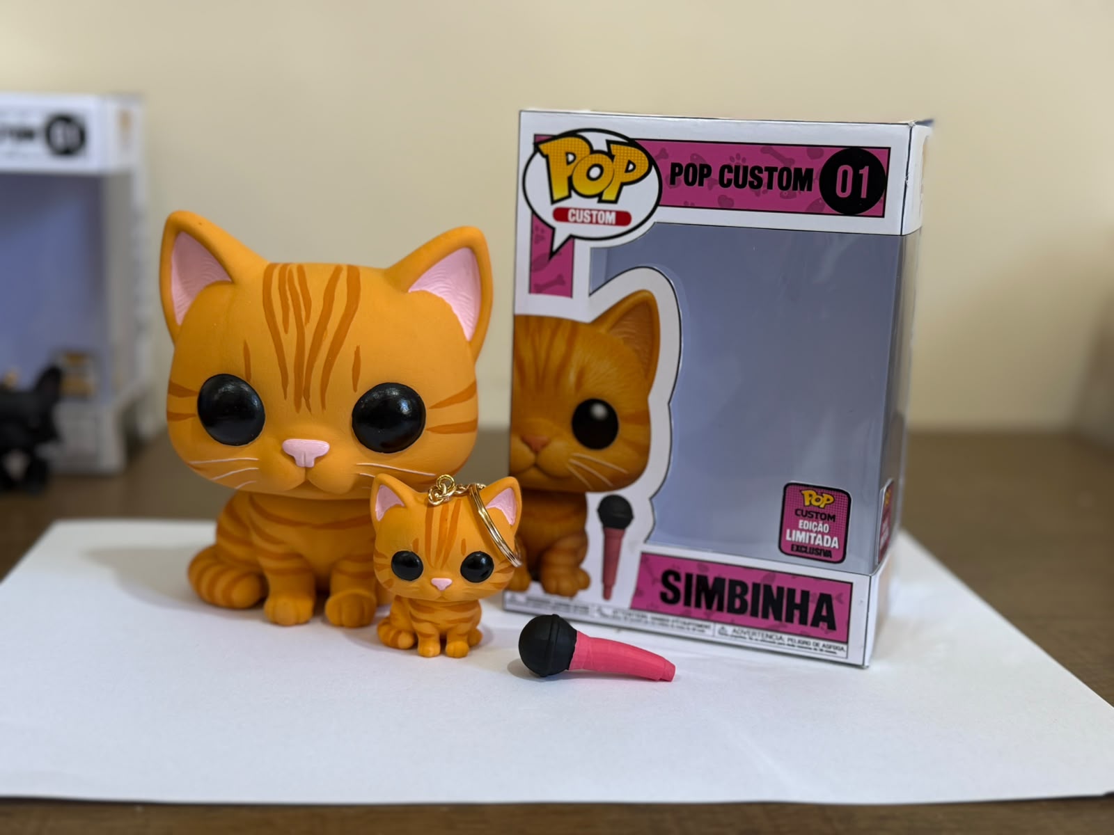 Miniatura GAEVA do pet Simbinha, peça pintada à mão ao lado da caixa colecionável